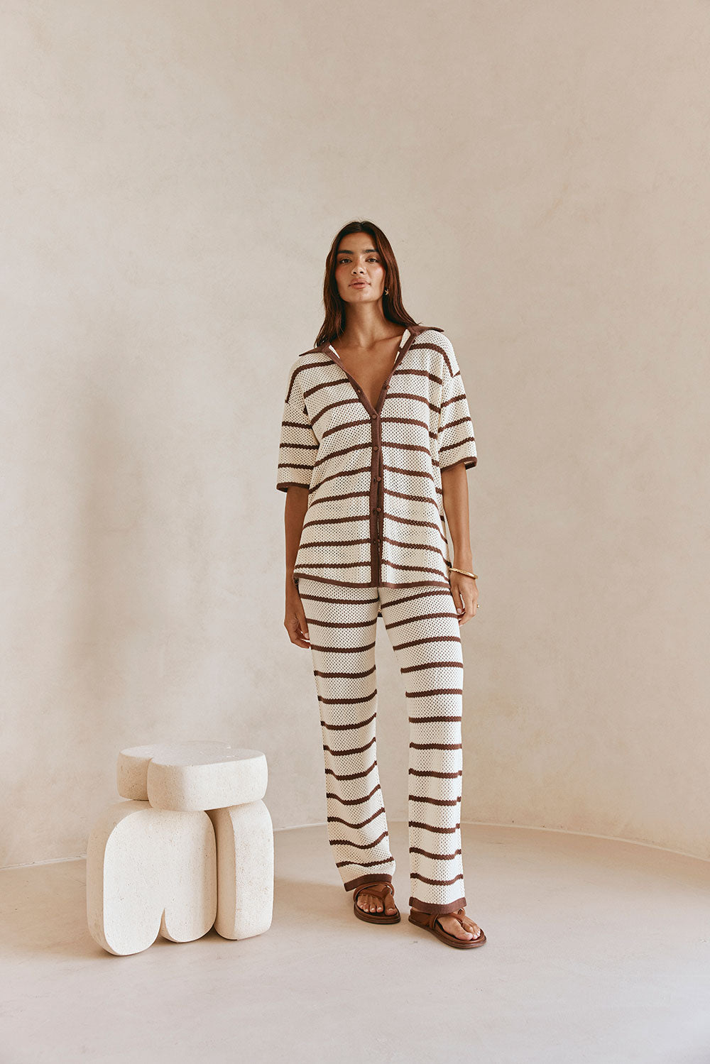 Mia Collared Button Up Short Sleeve Knit Top - Cream, Brown Stripe