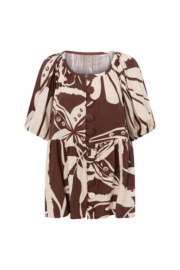 Cream and Brown Painted Tiles Print Button Scarlet Top