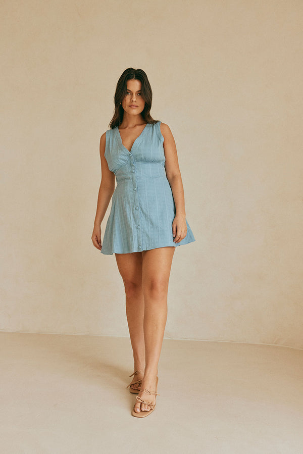 Blue V Neck Button Up Mini Shaelagh Dress