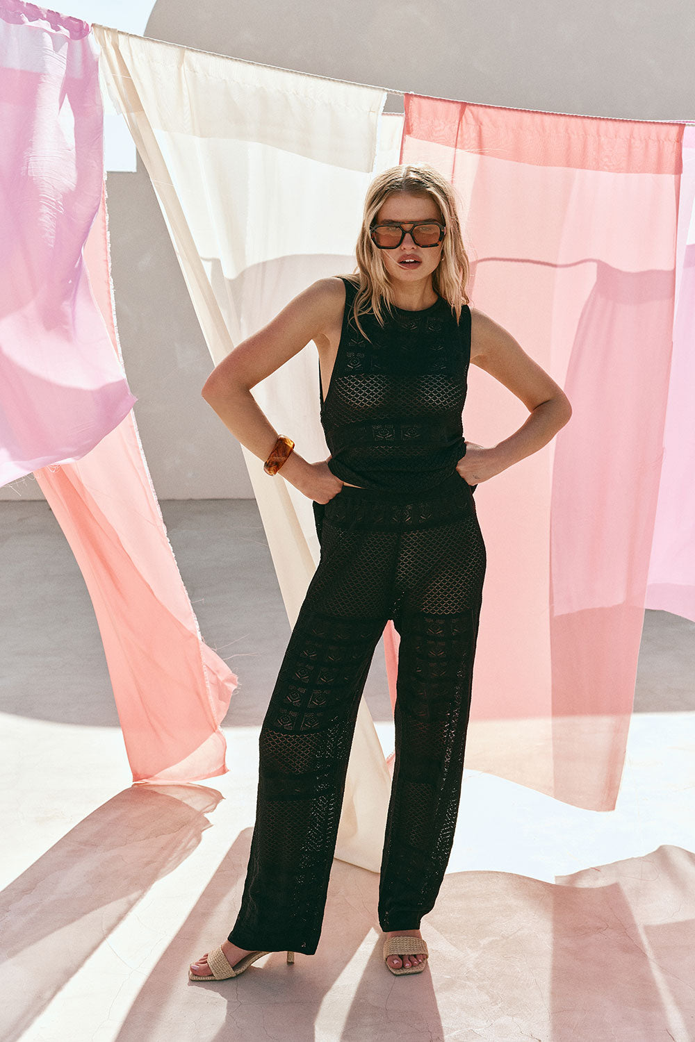 Black Crochet Knit High Waist Dillan Pants