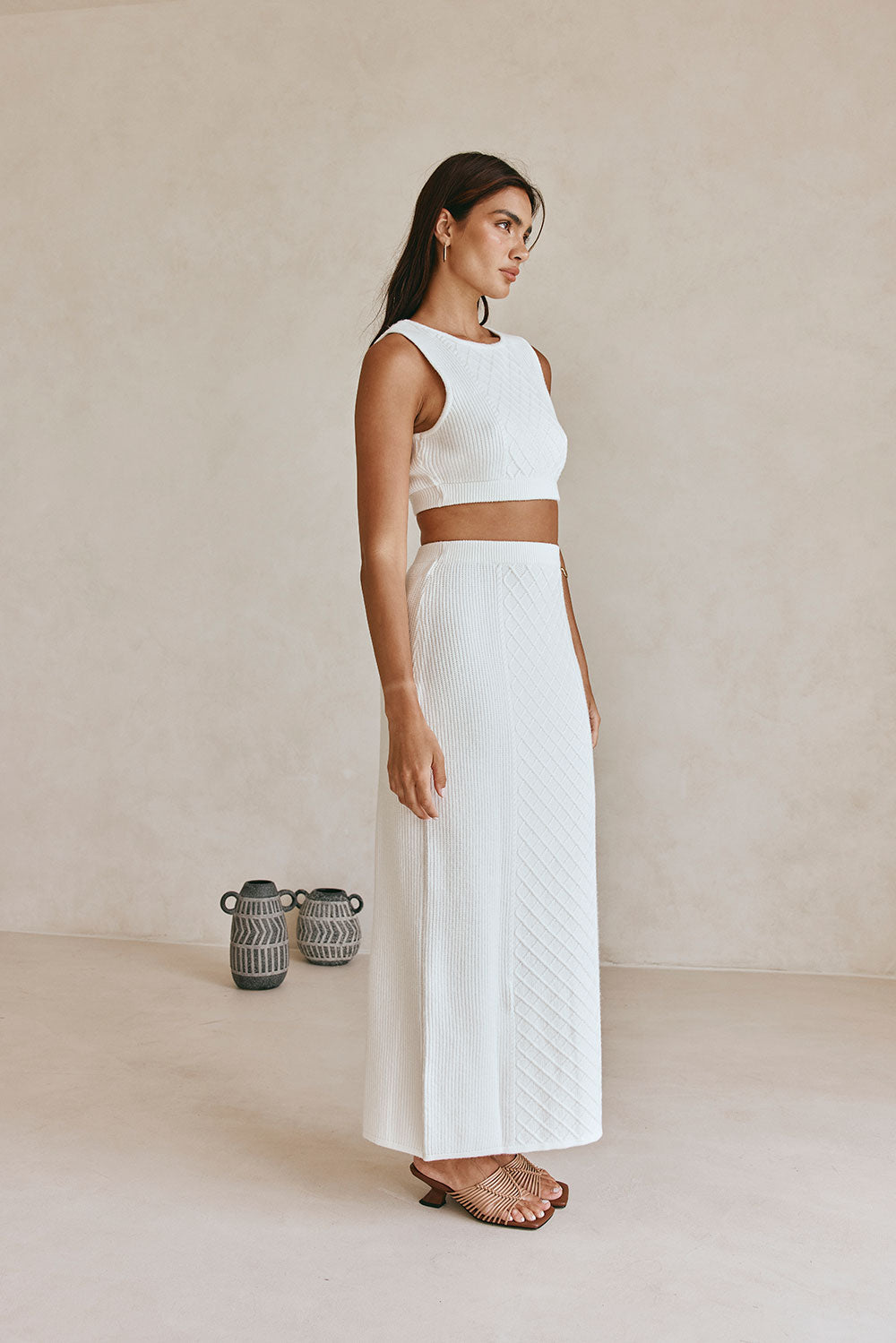 White Cable Knit Crop Lotus Top