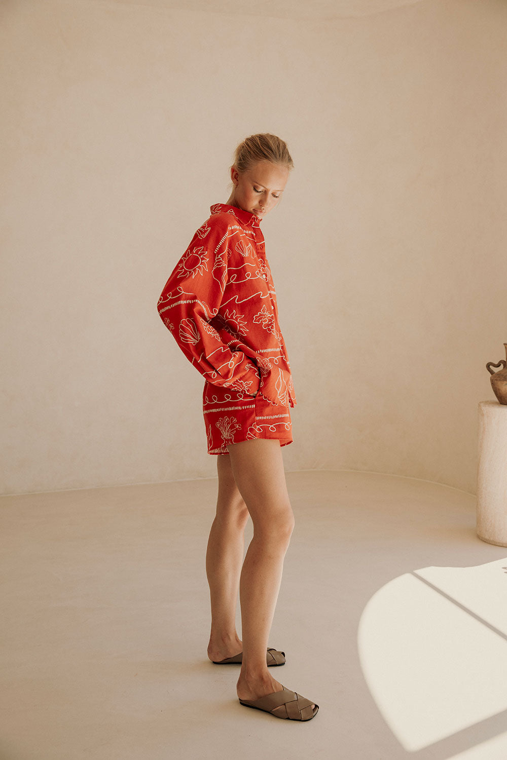 Red Linen Blend High Waist Drawstring Zuli Shorts