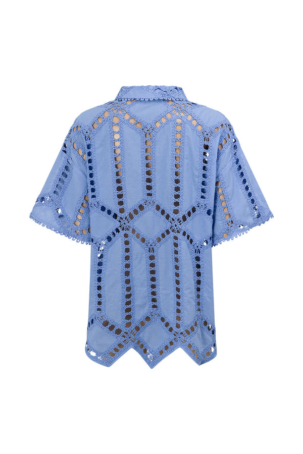 Blue Cotton Cutwork Button Up Alyce Shirt