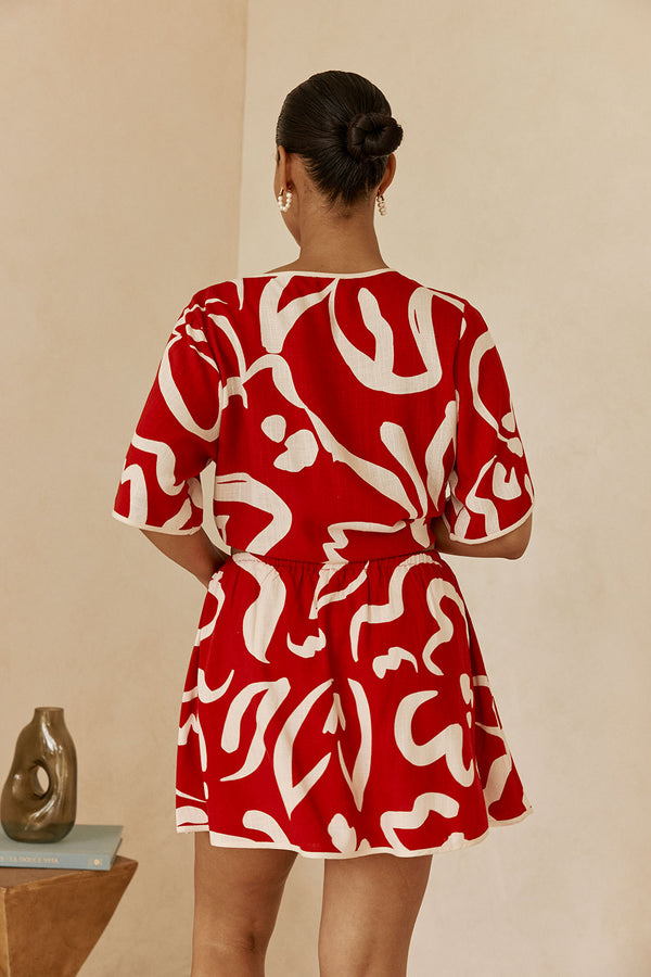 Red Fila Rouge Floral Print Drawstring Skirt