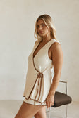 Cream Ribbed V Neck Wrap Longline Jaxon Top