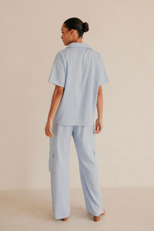 Blue High Waist Drawstring Pocket Brielle Pants