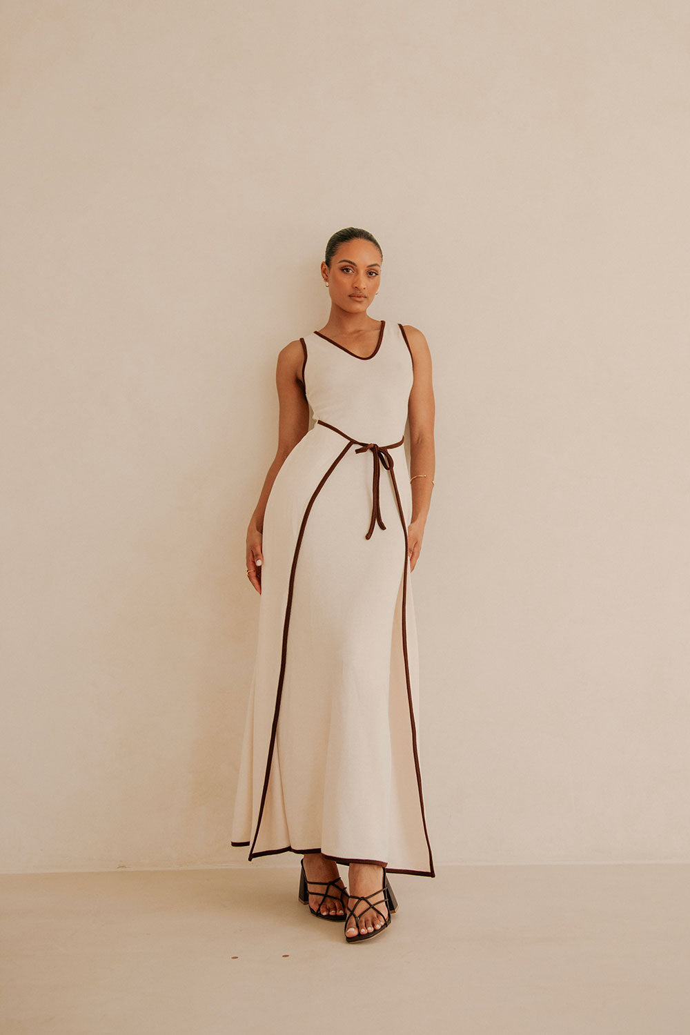 Jazmin V Neckline Tie Maxi Dress - Beige, Brown