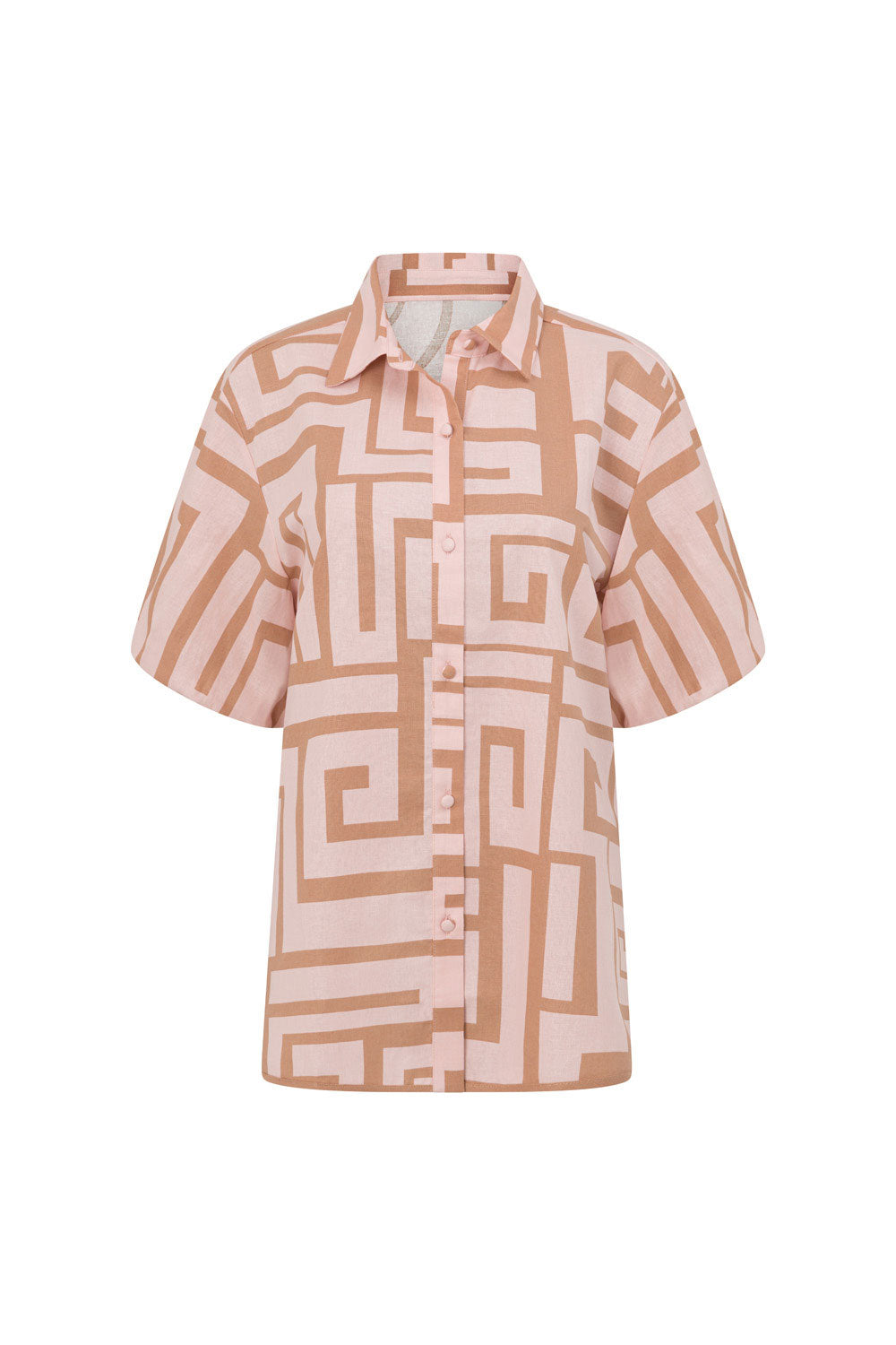 Pink Hellenic Maze Short-Sleeve Button-Up Collared Kira Top