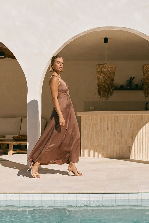 Brown  V Neck Cut Out Lace Maxi Dynasty Dress