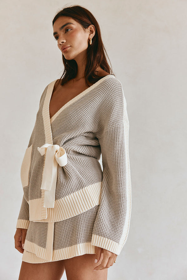 Grey and White Knit V Neck Wrap Chester Sweater