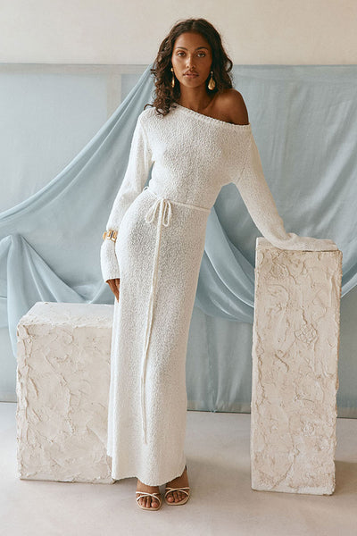White Knit Long Sleeve Off Shoulder Maxi Kaiya Dress – SABO