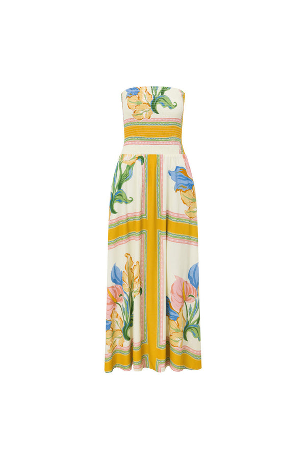 White and Yellow Botanique Strapless Maxi Fia Dress