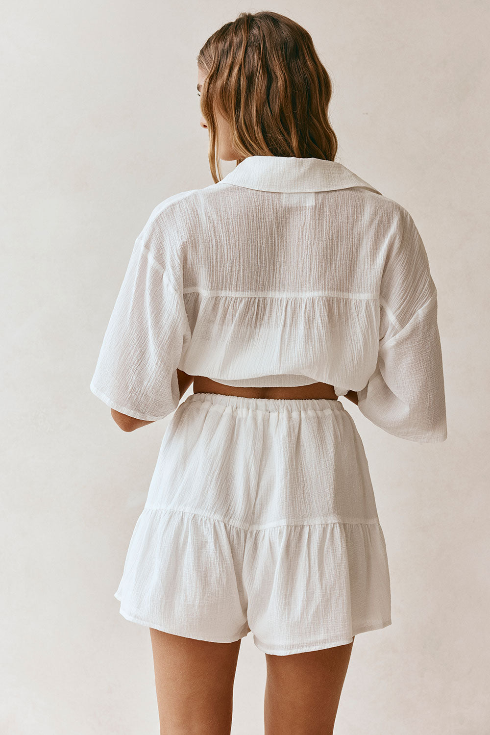 White Elastic Drawstring Flounce Pocket Elodie Shorts