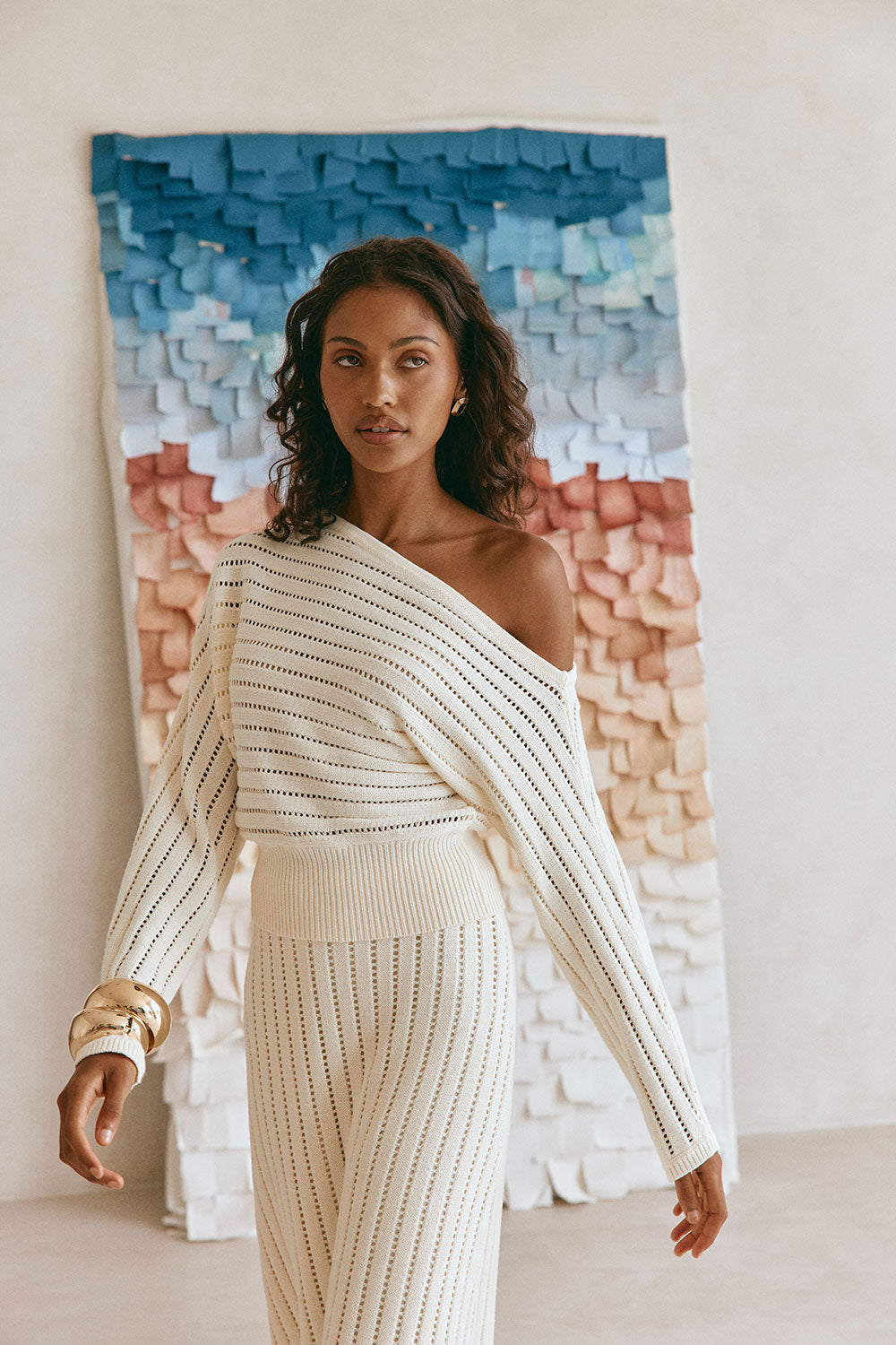 Cream Cotton Pintelle Long Sleeve One Shoulder Zephyr Top – SABO