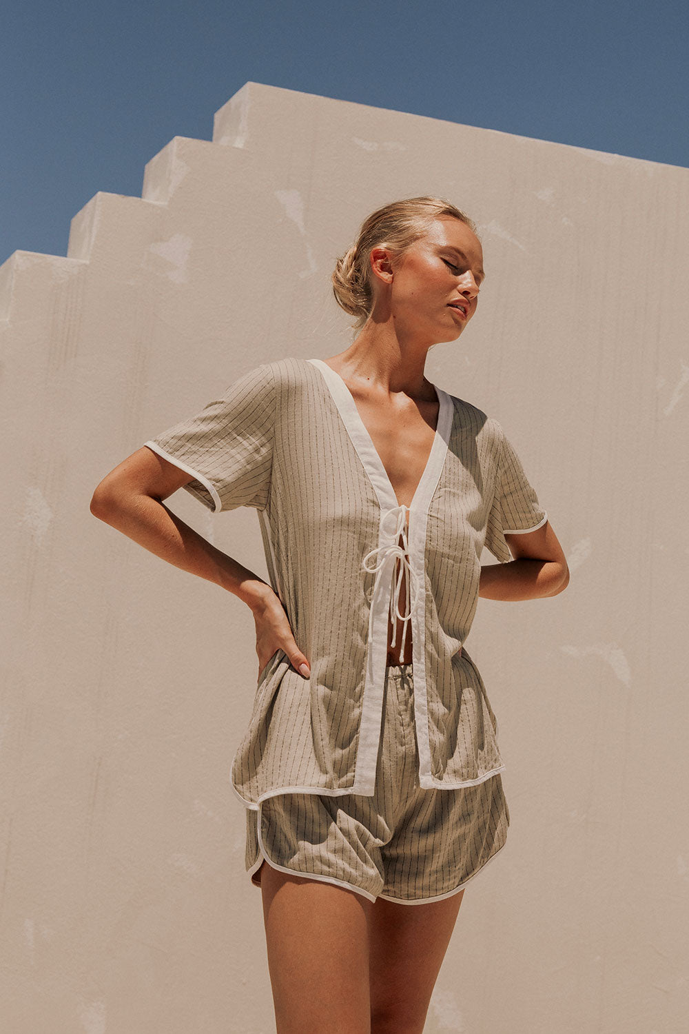 Beige Short Sleeve V Neck Tie Sadia Playsuit