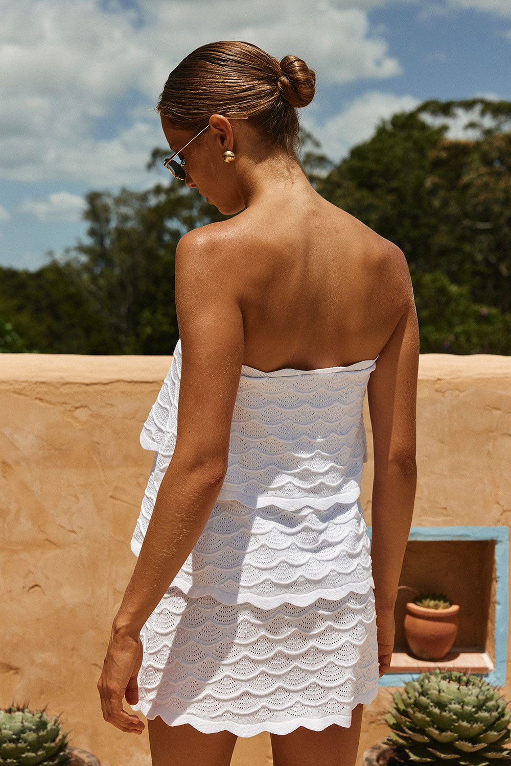 White Ruffle Knit Strapless Mini Arizona Dress