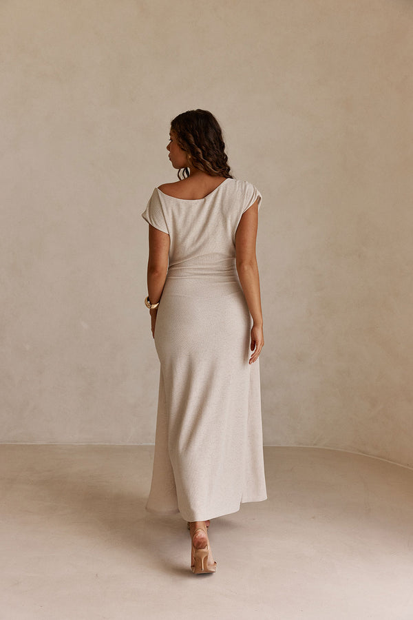 Beige Off Shoulder Ruched Maxi Juno Dress