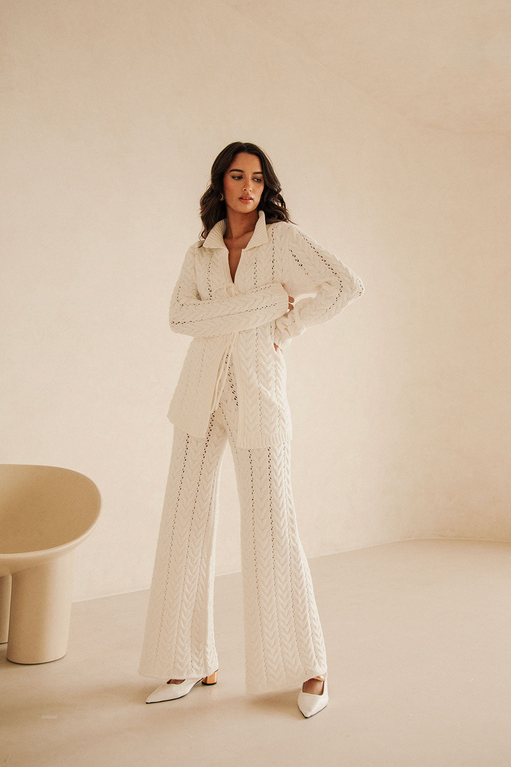 White Cable Knit High Waist Cleo Pants