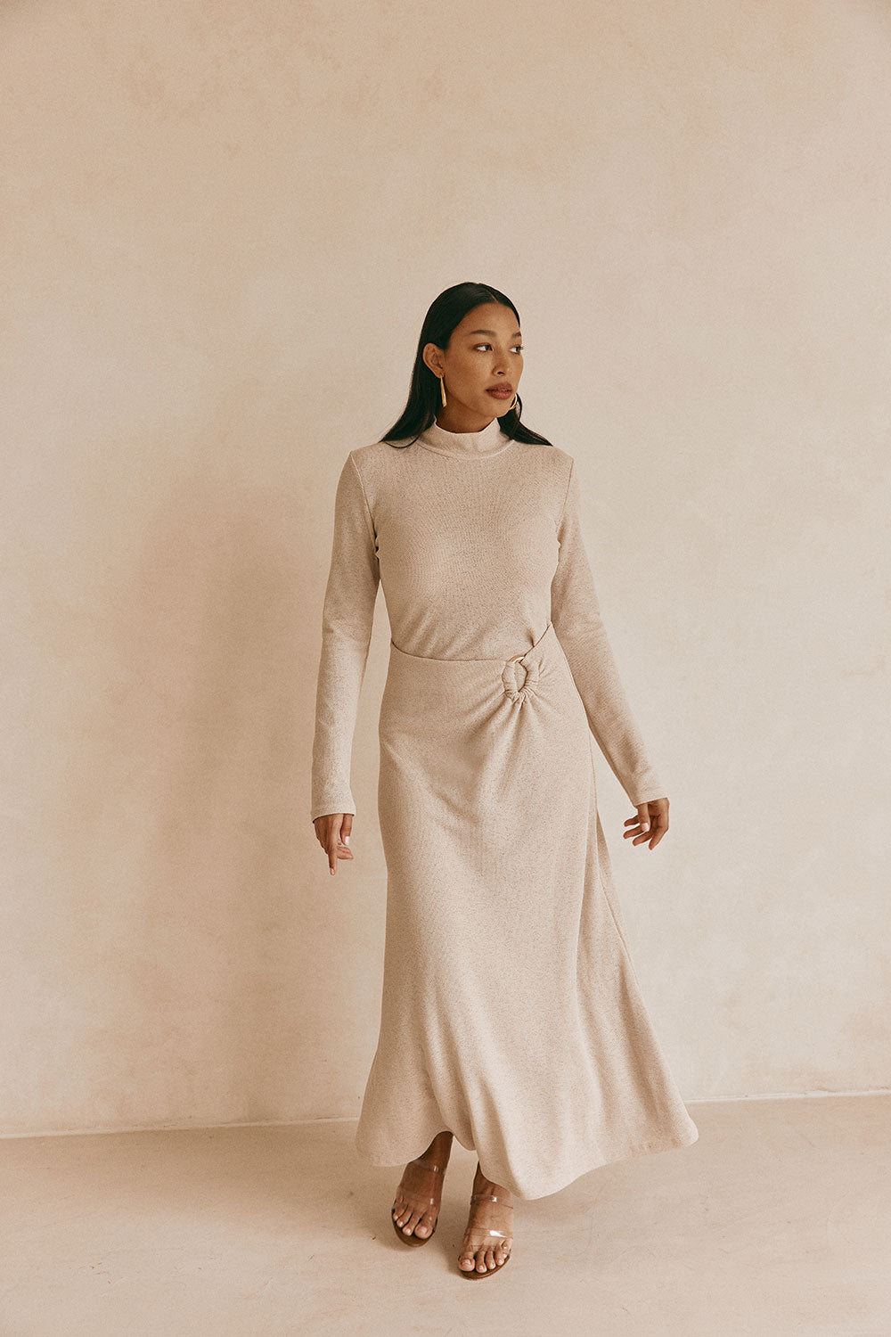 Beige High Neck Long Sleeve Fitted Maxi Simone Dress