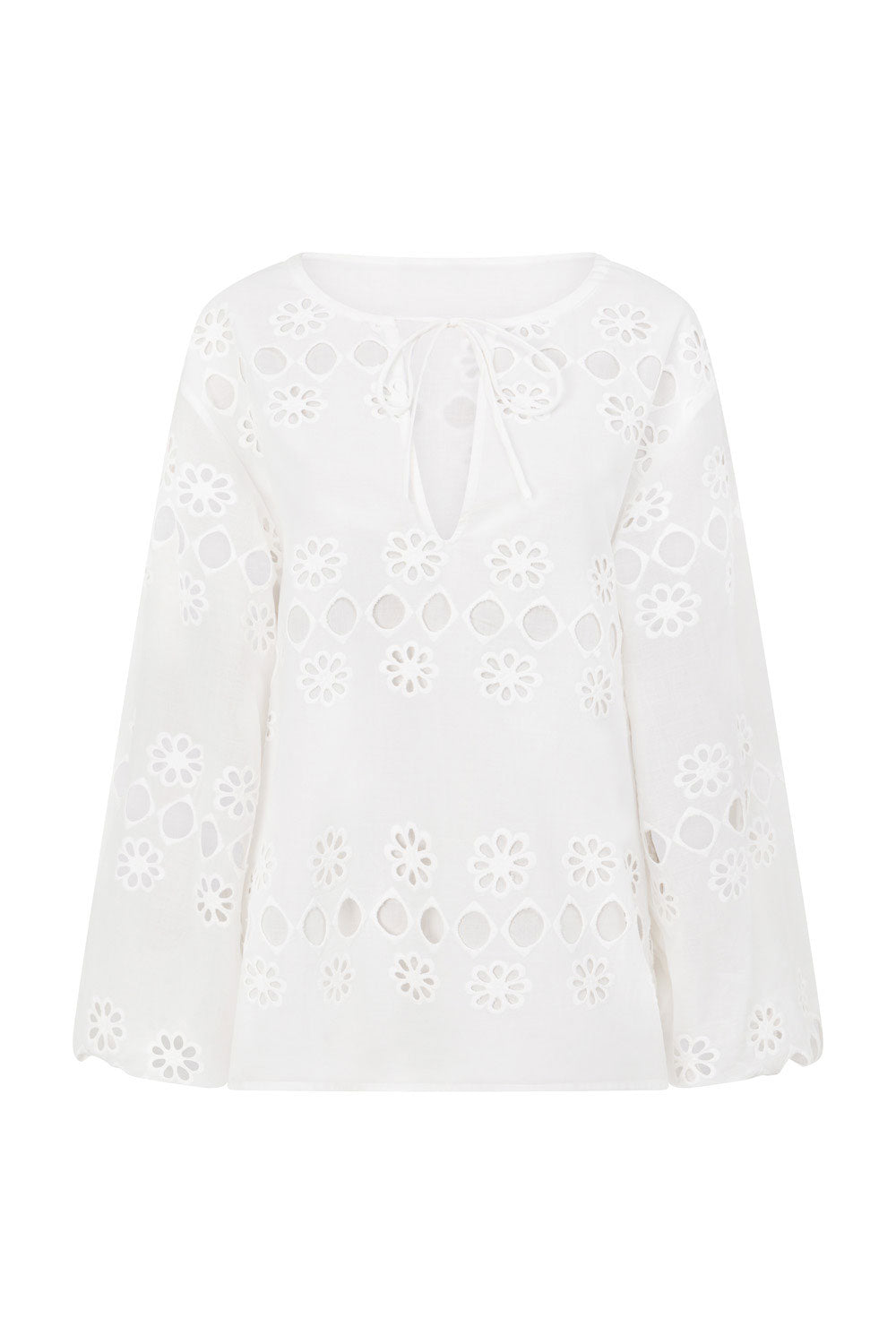 White Embroidered Long Sleeve Tie Paras Top