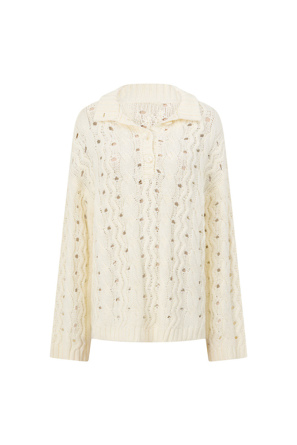 Cream Cable Knit Long Sleeve Collar Elana Sweater