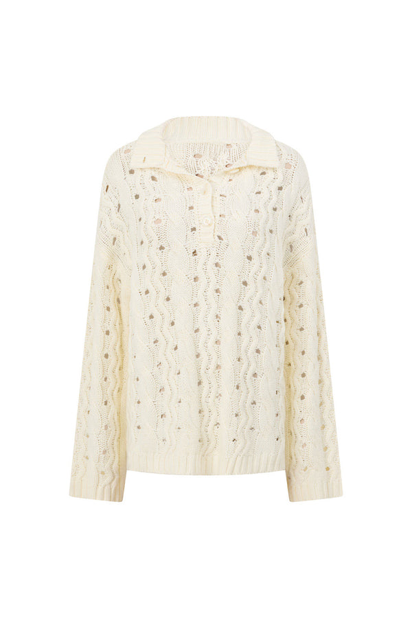 Cream Cable Knit Long Sleeve Collar Elana Sweater