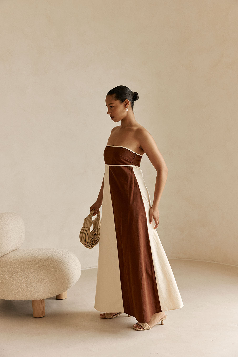 Cream and Brown Strapless Maxi Stormi Dress