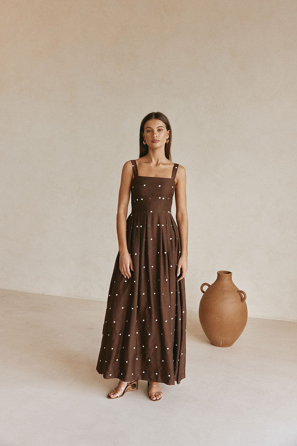 Chocolate Speck Polka Dot Pin Tuck Maxi Flores Dress