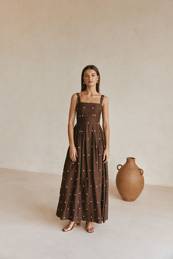 Chocolate Speck Polka Dot Pin Tuck Maxi Flores Dress
