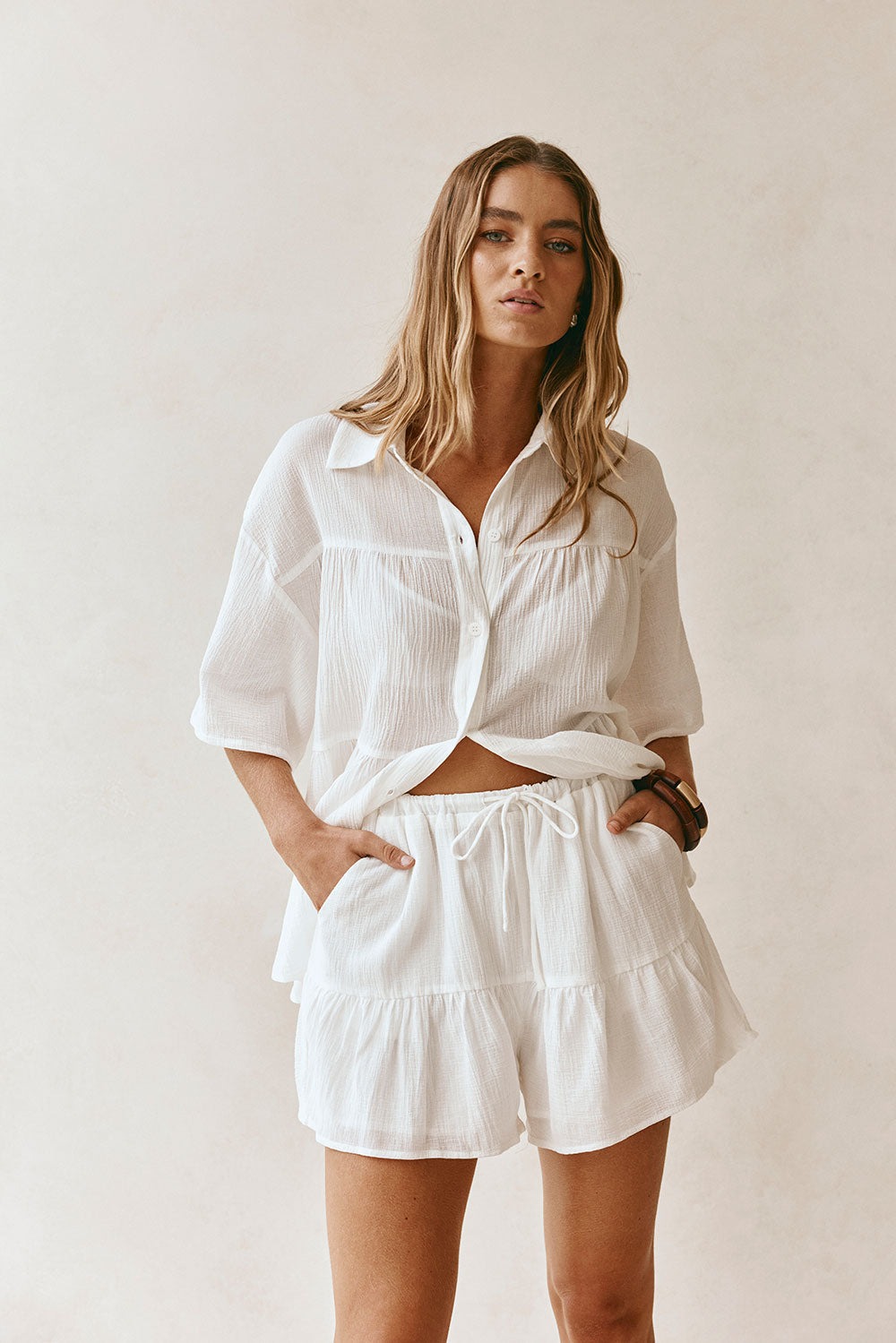 White Elastic Drawstring Flounce Pocket Elodie Shorts