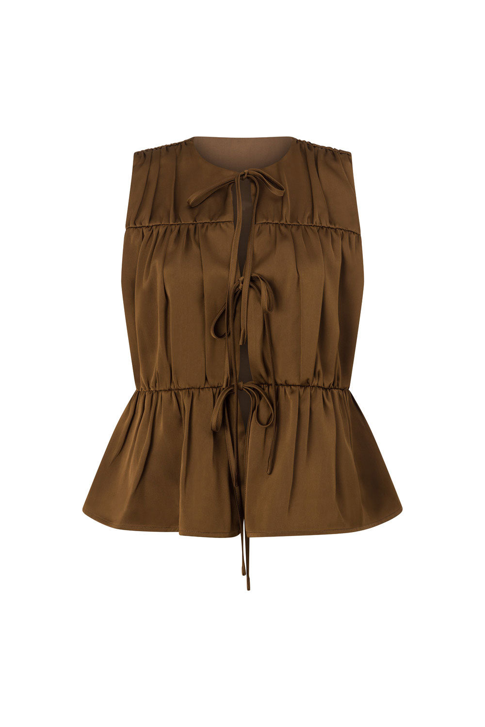 Brown Ruched Panelled Front Tie Juliette Top