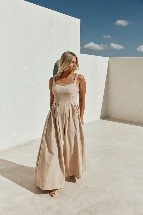 Toffee Pleated Full Maxi Flore Dress