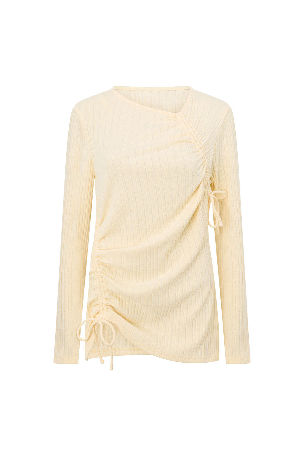 Cream Ribbed Long Sleeve Tie Ruched Eryn Top