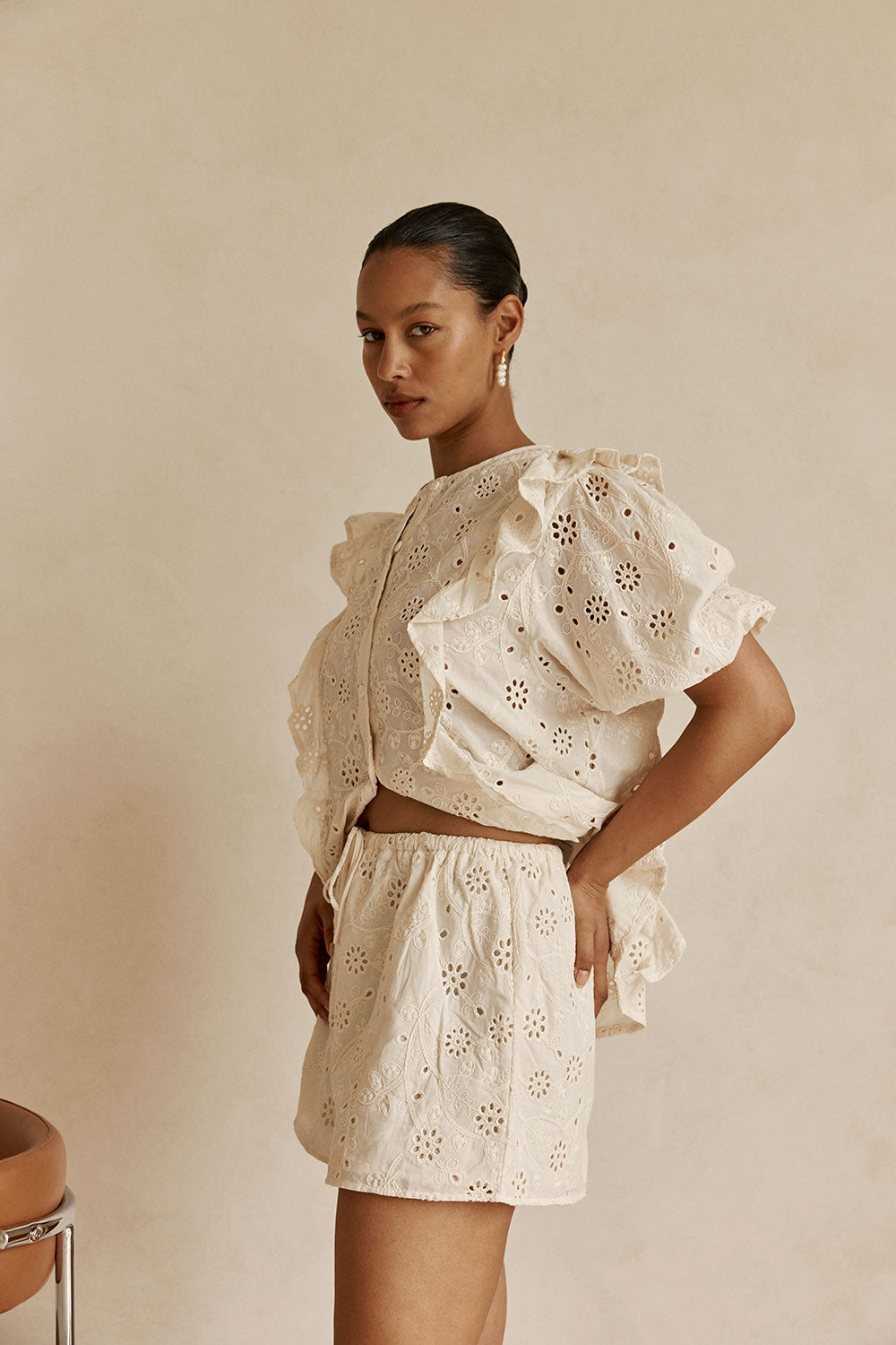 Beige Broderie Drawstring Wynter Shorts