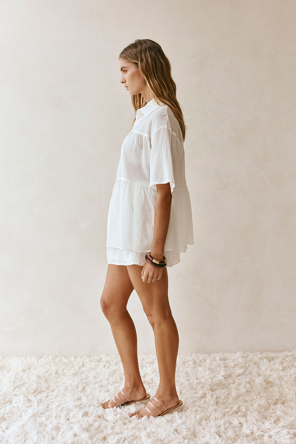 White Button Up Short Sleeve Founce Elodie Top