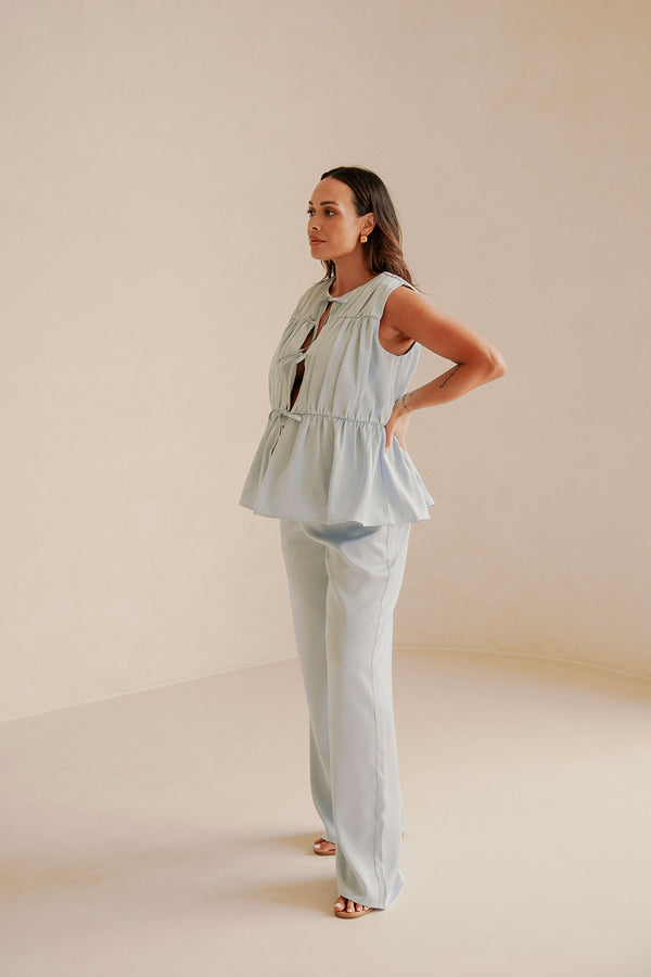 Blue Ruched Panelled Front Tie Juliette Top