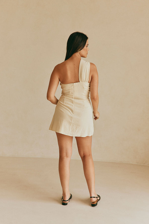 Beige One Shoulder Cutout Mini Knot Dimmi Dress
