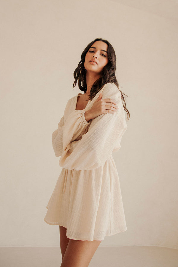 Cream Long Sleeve V Neck Mini Anisha Dress