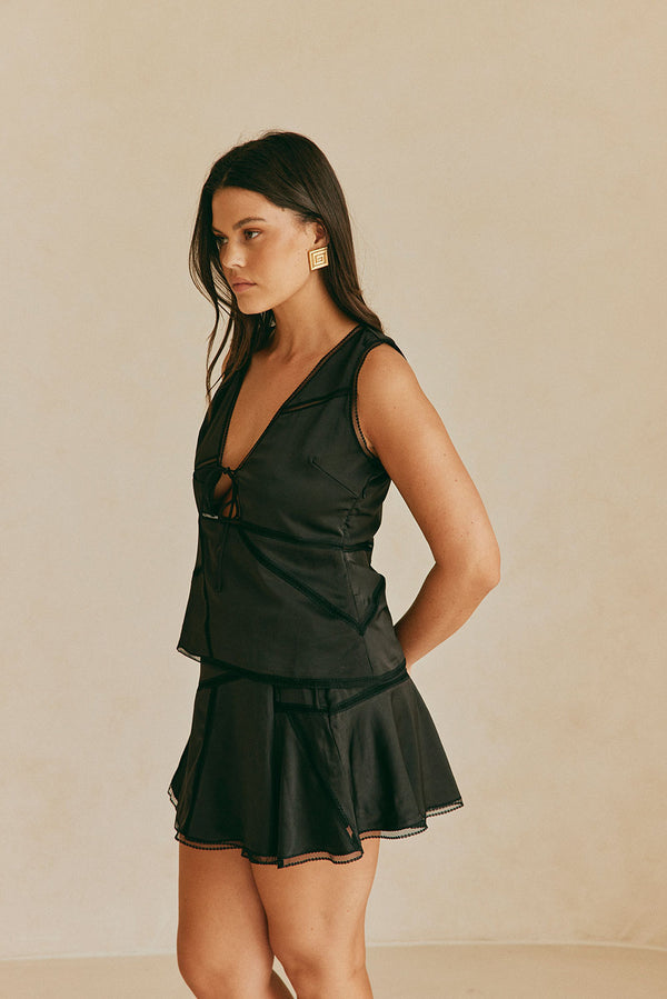 Black Silky Plunge Neck Tie Sable Top