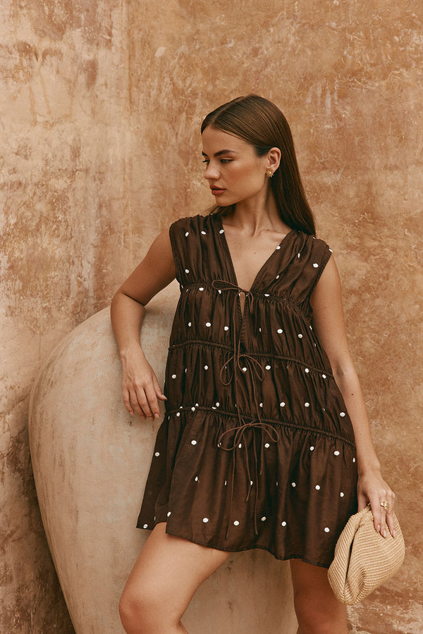 Chocolate Speck Polka Dot Gathered Mini Joslin Dress