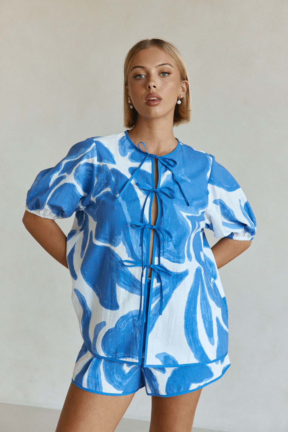 Blue Ada Flora Print Tie Puff Sleeve Pax Top