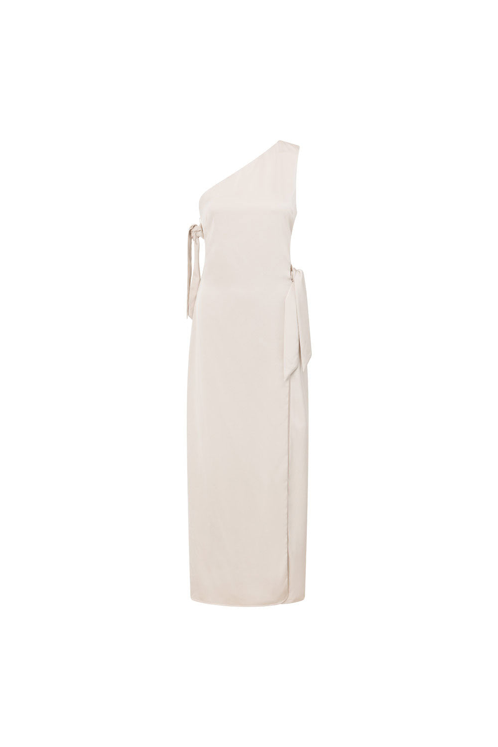 Beige Silky One Shoulder Tie Split Tavia Maxi Dress