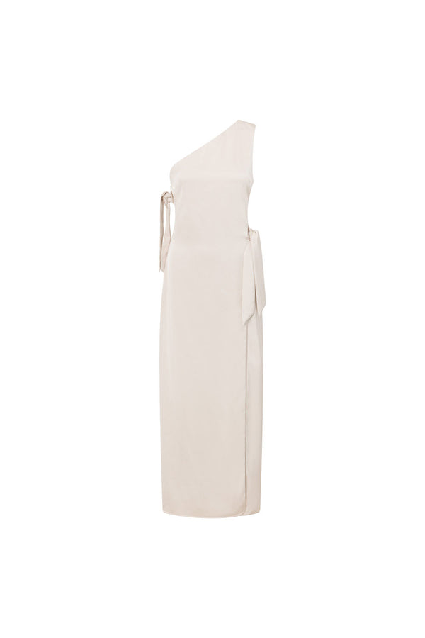 Beige Silky One Shoulder Tie Split Tavia Maxi Dress