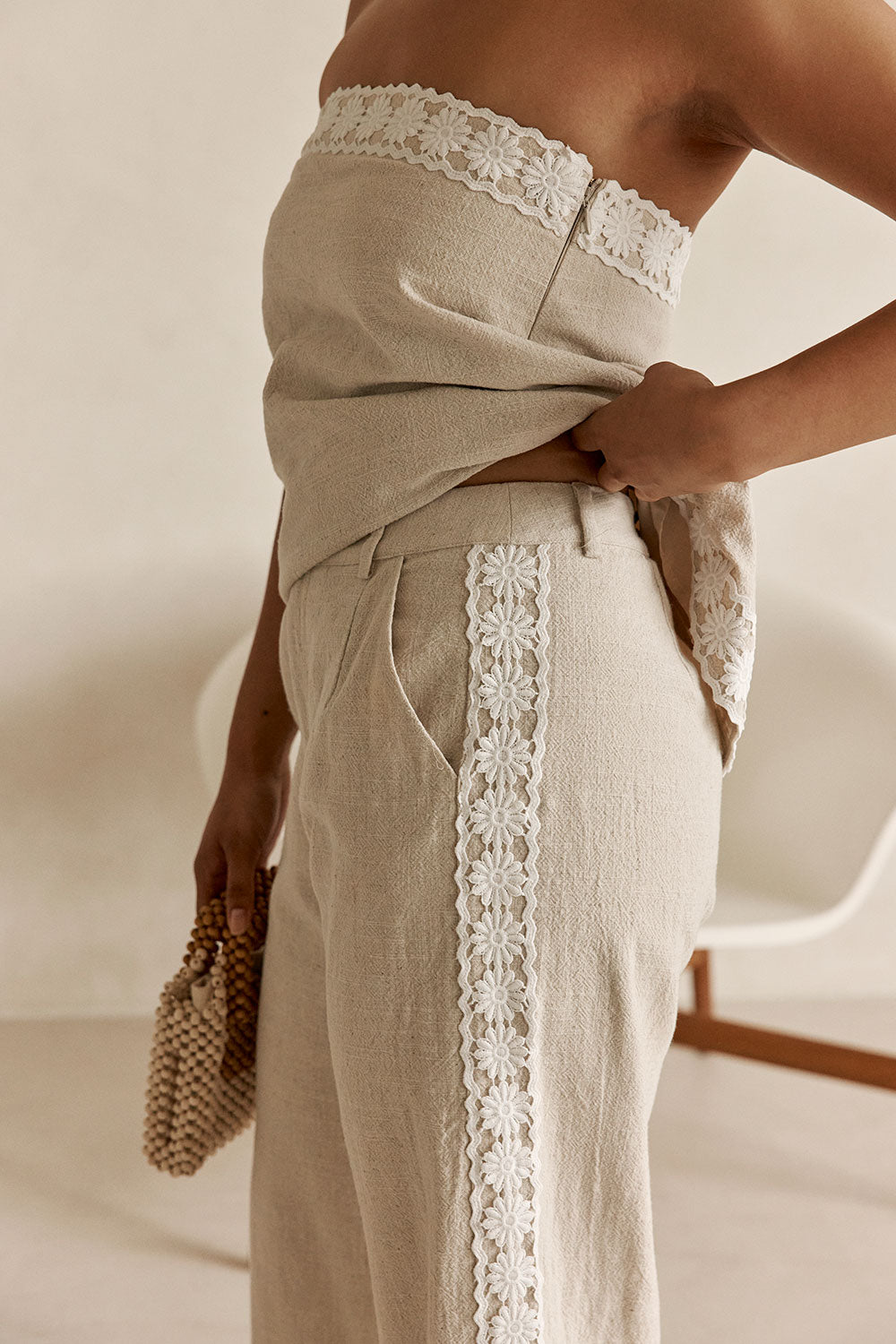 Beige Vintage Lace Detail Millie Pants