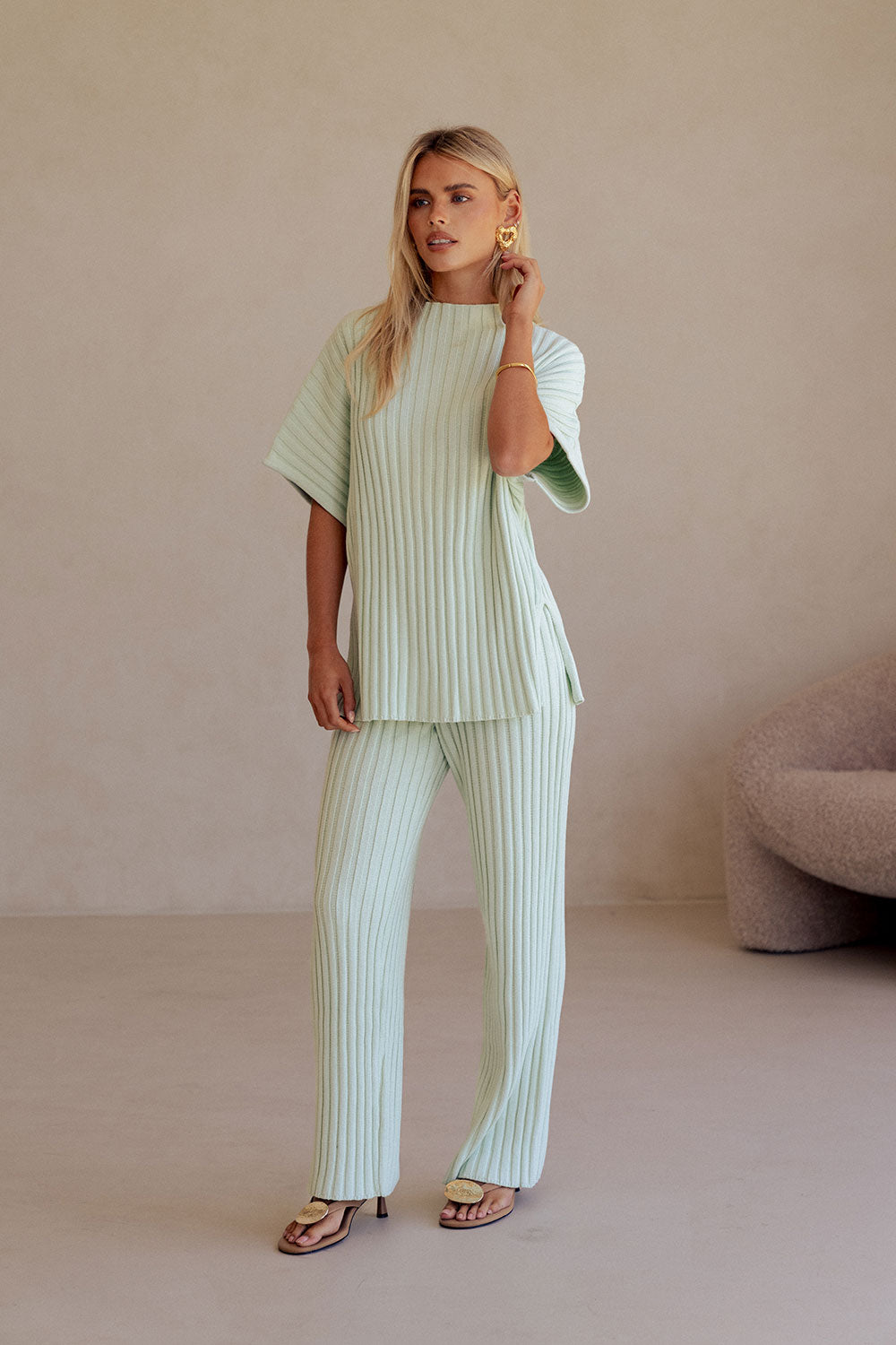 Mint Green Ribbed Knit Short Sleeve Celine Top – SABO