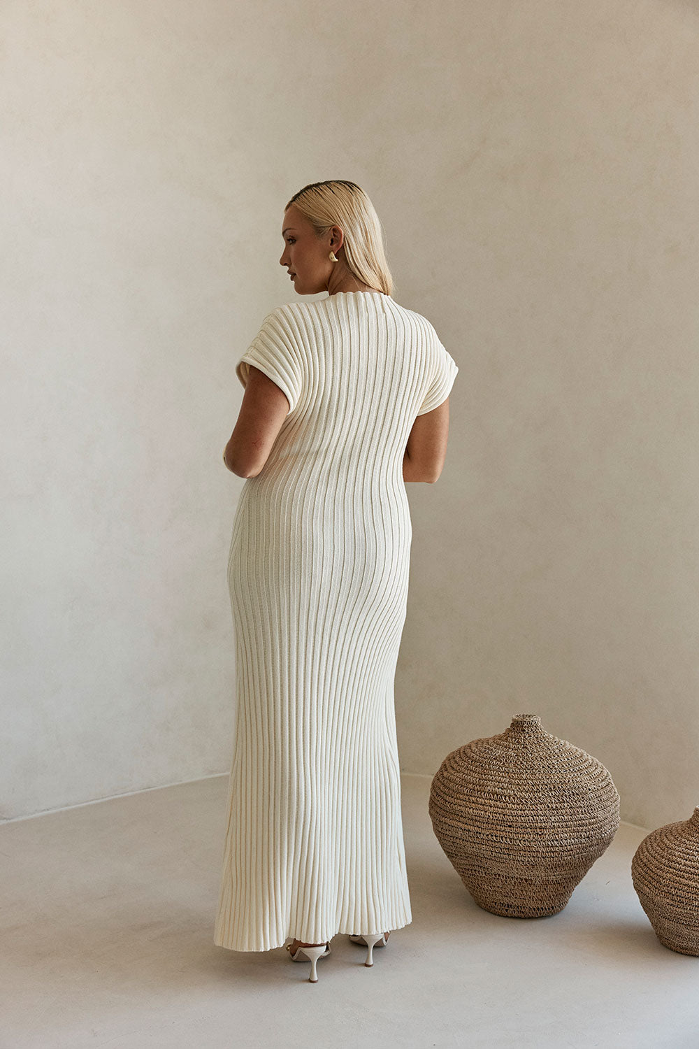 Cream High Neck Short Sleeve Split Maxi Gemini Dress