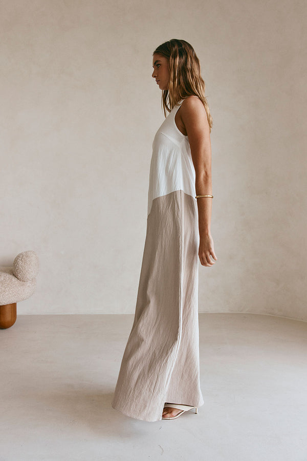 Beige White Two Tone One Shoulder Maxi Ellita Dress