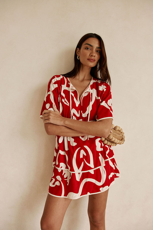 Red Fila Rouge Floral Print Drawstring Skirt