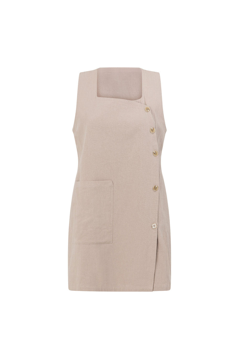 Beige Button Up Wide Strap Pocket Mini Aida Dress