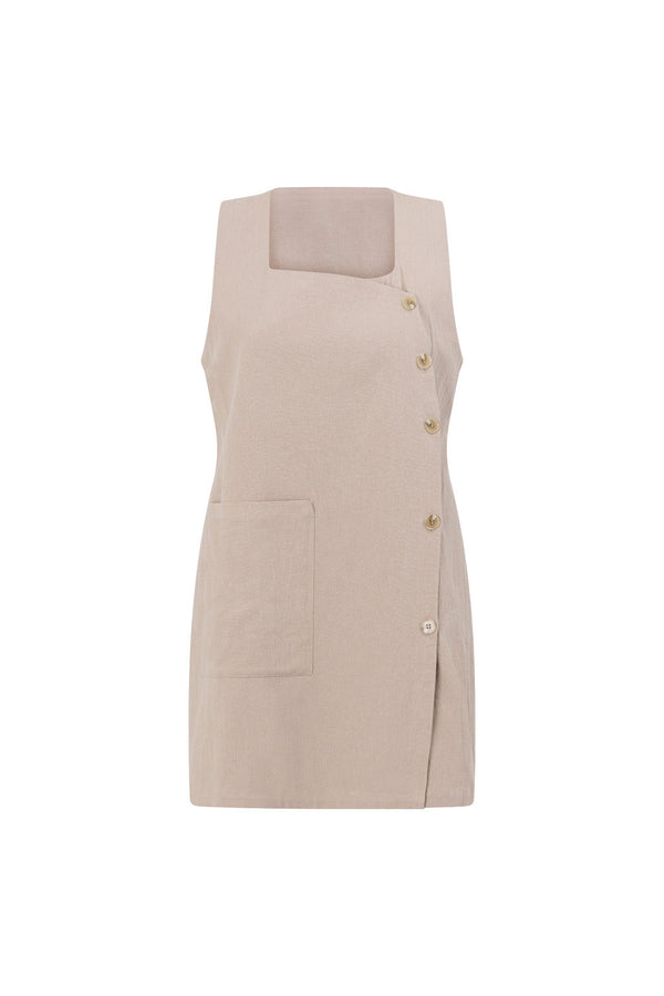 Beige Button Up Wide Strap Pocket Mini Aida Dress